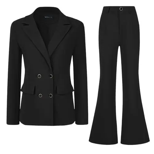 Produktbild: Allegra K Damen Business Arbeitsanzug-Set 2-teiliger Blazer mit Fallendem Revers Lange Hose Schwarz XL