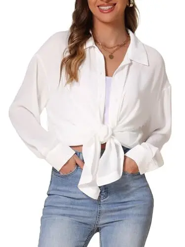 Produktbild: Allegra K Damen Button-Down Hemd Langarm Kragen Knitterfreie Bluse Einfarbig Tunika Oberteil Weiß S