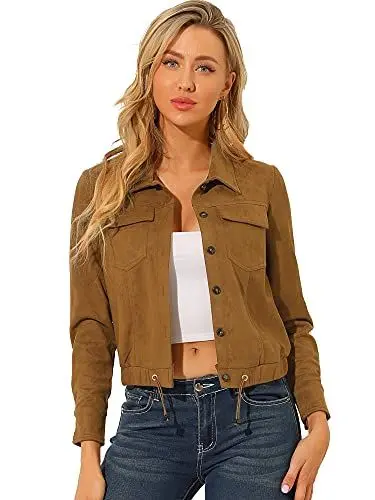 Produktbild: Allegra K Damen Casual Point Collar Flache Taschen Biker Moto Jacke Braun M