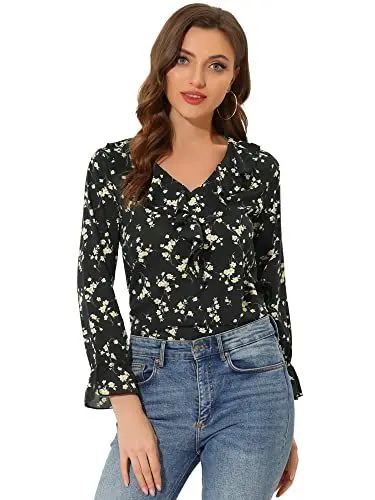 Produktbild: Allegra K Damen Chiffon Bluse Langarm V-Ausschnitt Rüschen Volant Oberteil Elegantes Shirt Schwarz Blumen M