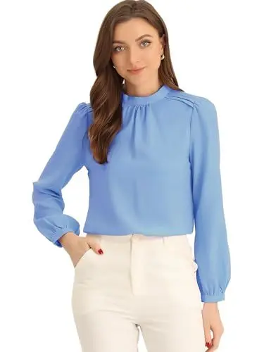 Produktbild: Allegra K Damen Chiffon Oberteil Arbeit Büro Stehkragen Business Langarm Bluse Blau M