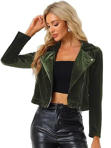 Produktbild: Allegra K Damen Samt Reißverschluss Reverskragen Moto Bikerjacke Marine Grün XL