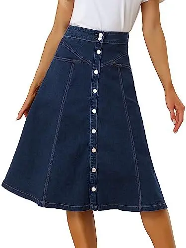 Produktbild: Allegra K Damen Denim Rock Dehnbar Hoher Taille Knopfleist Lang Jeansrock A-Linie Tasche Midirock Dunkel Blau XL