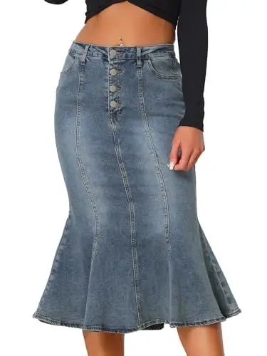 Produktbild: Allegra K Damen Denimrock Fischschwanz Rock Distressed Jeansrock Langer Rock Graublau L