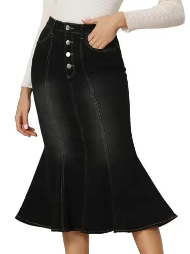 Produktbild: Allegra K Damen Denimrock Fischschwanz Rock Distressed Jeansrock Langer Rock Schwarz XS