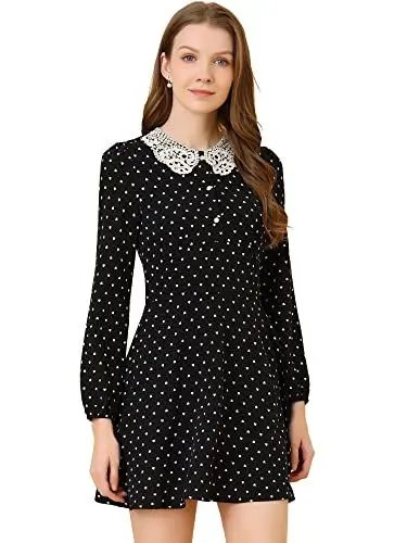 Produktbild: Allegra K Damen Doll Collar Kragen und Langen Ärmeln mit Herz-Print Minikleid Schwarz M