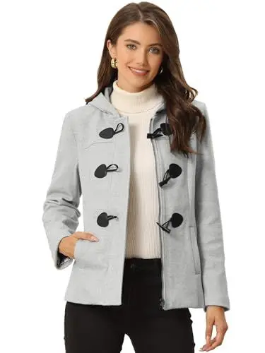 Produktbild: Allegra K Damen Duffle Front Kurzer Knebel-Reißverschluss Tiefe Taschen Verkürzte Kapuzen-Pea Coat Grau L