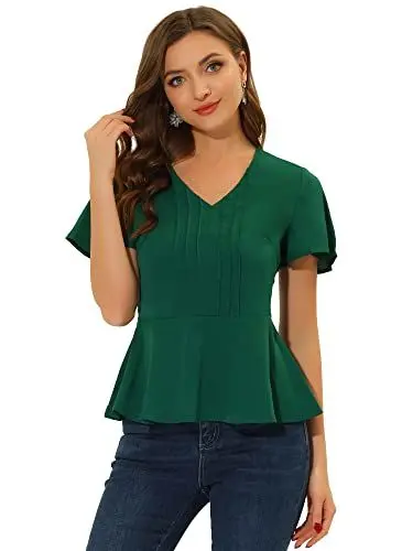 Produktbild: Allegra K Damen Einfarbiges Chiffon Oberteil Plissee Schößchen und V-Ausschnitt Bluse Top Grün S
