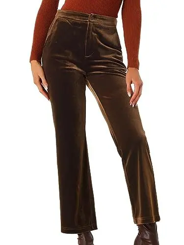 Produktbild: Allegra K Damen Elastische Hohe Taille Taschen Weitem Bein Samt Arbeitshose Hose Braun L