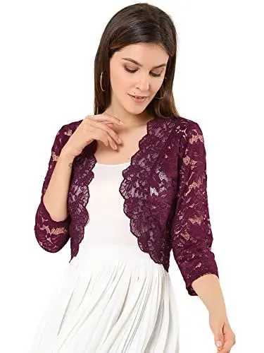Produktbild: Allegra K Damen Spitzen Festlich Bolero 3/4 Ärmel Hochzeit Strickjacke Vorne Offen Crop Cardigan Shrug Burgund S