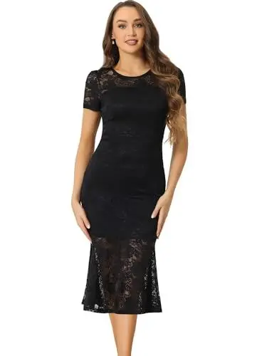 Produktbild: Allegra K Damen Elegante Blumen Spitze Kleid Kurzärm Rüschen Meerjungfrau Bodycon Cocktail Party Kleid Schwarz XL