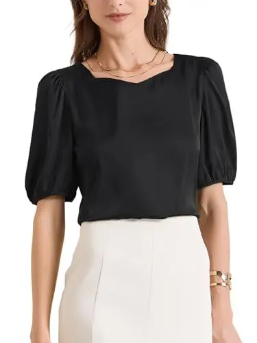 Produktbild: Allegra K Damen Elegantes Satin-Bluse Herzausschnitt Halblangen Ärmeln Büro Arbeit Oberteil Shirt Schwarz XS