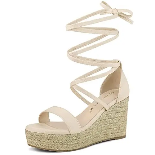 Produktbild: Allegra K Damen Espadrille Plateau-Sandalen mit Keilabsatz zum Schnüren Beige 38