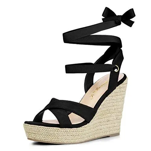 Produktbild: Allegra K Damen Espadrille Plateau Schnürsandalen mit Keilabsatz Schwarz 37