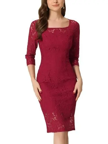 Produktbild: Allegra K Damen Etuikleid Elegant 3/4-Ärmeln Spitze Eckigem Ausschnitt Midi Gerader Schnitt Mini Kleid Weinrot L