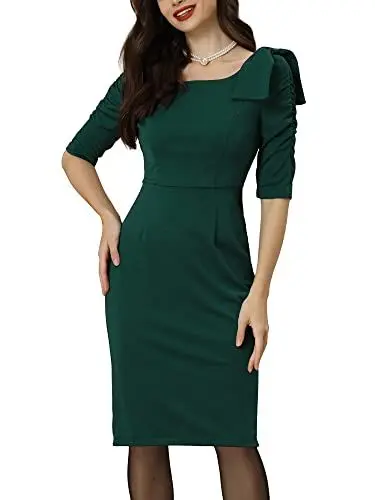 Produktbild: Allegra K Damen Etuikleid Elegant 3/4 Ärmel Business Casual Square Neck Bodycon Bow Ruffle Kleid Dunkelgrün L