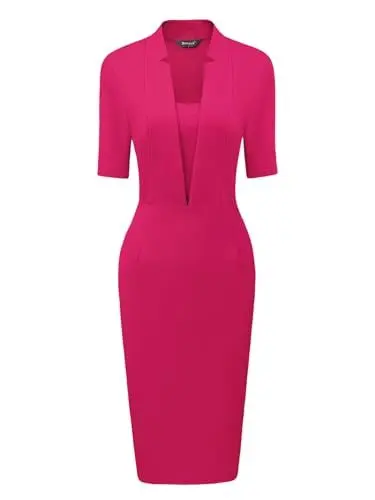 Produktbild: Allegra K Damen Etuikleid Kurzarm Figurbetont V-Ausschnitt Arbeit Büro Midikleid Minikleid Fushcia S