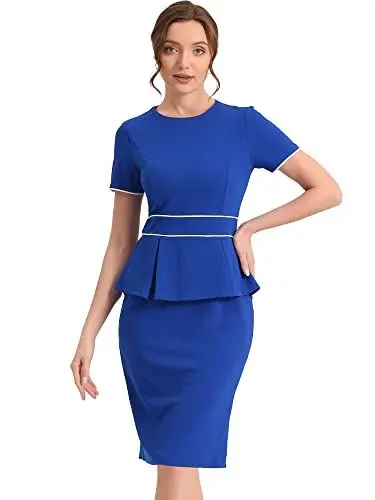 Produktbild: Allegra K Damen Etuikleid Kurzarm Rundhals Schößchen Business Elegant Figurbetont Kleid Königsblau M