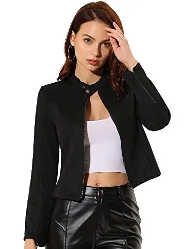 Produktbild: Allegra K Damen Faux Wildleder Jacke Stehkragen Reißverschluss Kurze Bikerjacke Schwarz L