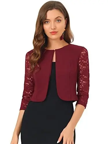Produktbild: Allegra K Damen Festlich Spitze Bolero 3/4 Ärmel Rundhals Durchsichtig Shrug Elegant Jäckchen Burgund M