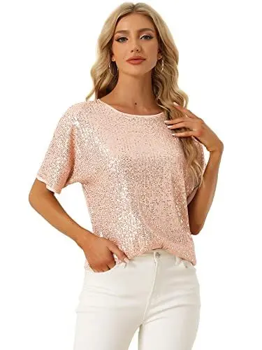 Produktbild: Allegra K Damen Festliches Oberteil Pailletten Oberteile Kurzarm Rund Halsausschnitt Party Glitzer Top Champagner L
