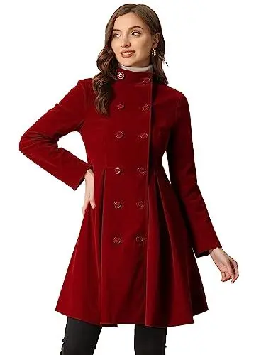 Produktbild: Allegra K Damen Flare Mantel Stehkragen Zweireihiger Elegant Samt Alinie Wintermantel Dunkelrot M