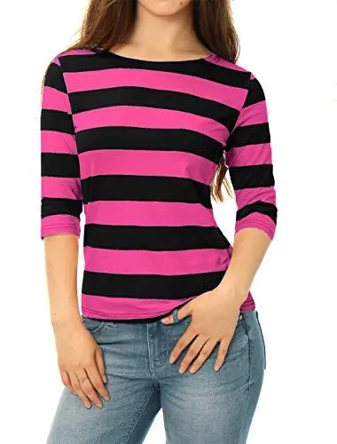 Produktbild: Allegra K Damen Gestreiftes Shirt U Boot Ausschnitt Halbarm Party Ferien Streifen Top Bluse Fuchsia Schwarz M