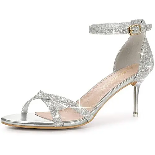 Produktbild: Allegra K Damen Glitter Ankle Straps Stiletto Clear Heels Sandalen Silber 40