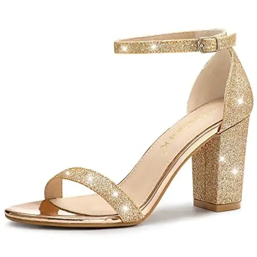 Produktbild: Allegra K Damen Glitzer Knöchelriemen Sandalen mit klobigem Absatz Gold 38