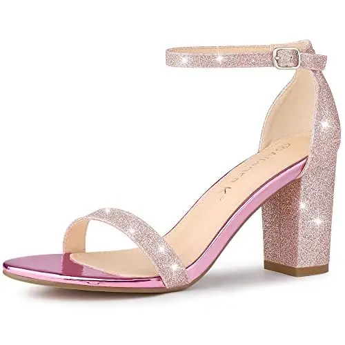 Produktbild: Allegra K Damen Glitzer Knöchelriemen Sandalen mit klobigem Absatz Rosa 39