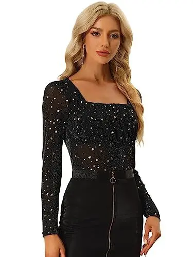 Produktbild: Allegra K Damen Glitzernd Mesh Oberteil Quadratischem Ausschnitt Gerafften Metallic Sternen Top Bluse Schwarz XL