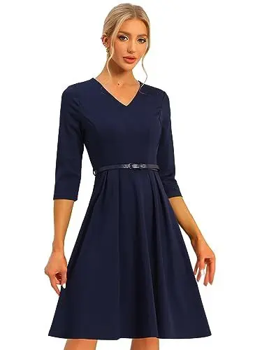 Produktbild: Allegra K Damen Halbe Ärmel V-Ausschnitt Knielang Elegantes Business Kleid Dunkelblau L