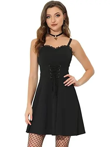 Produktbild: Allegra K Damen Halloween Kostüm Ärmellos Verstellbare Träger Schnürung Steampunk Goth Cami Minikleid Kleid Schwarz XS