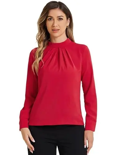Produktbild: Allegra K Damen Herbst Winter Chiffon Bluse mit Stehkragen Langärm Business Casual Büro Oberteil Rot M