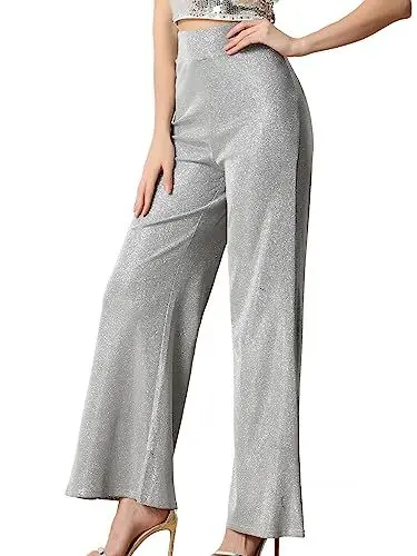 Produktbild: Allegra K Damen Hosen Weitem Bein Metallisch Glitzernd Hohe Taille Clubwear Hose Silber XS