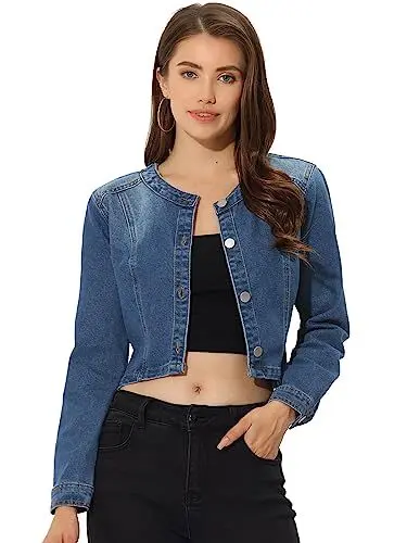 Produktbild: Allegra K Damen Jeansjacke Bolero Kurz Kragenlos Eleganter Knopfleiste Crop Denim Jacken Blau XL