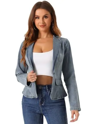 Produktbild: Allegra K Damen Jeansjacke Langarm Reverskragen Knopf Denim Blazer Grau Blau L