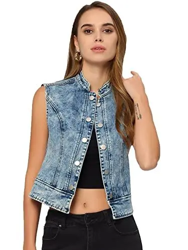 Produktbild: Allegra K Damen Jeansjacke Stehkragen Jeansstoff Offen Vorderseite Jacke Blau S