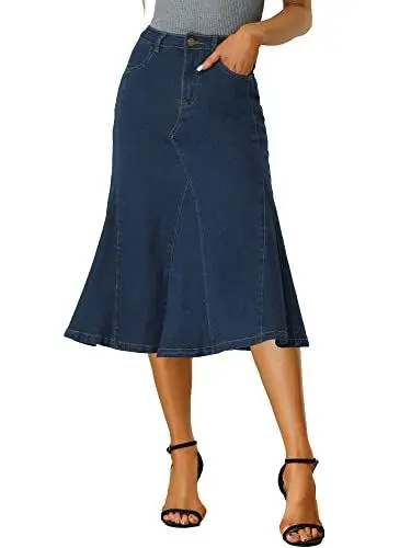Produktbild: Allegra K Damen Knielang Knopfleiste Jeansrock Hohe Taille Lässig Ausgestellt Midirock Lang A-Linie Rock Dunkelblau L