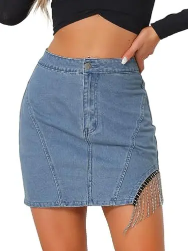 Produktbild: Allegra K Damen Jeansröcke Hohe Taille Denim Reißverschluss Asymmetrie Mini Wickelrock mit Strass-Fransen Hellblau XL
