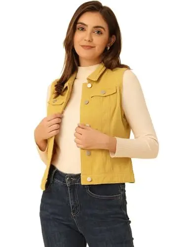 Produktbild: Allegra K Damen Jeansweste Ärmellos Knopfleiste Sommer Denim Revers Jacke Westen mit Taschen Gelb L