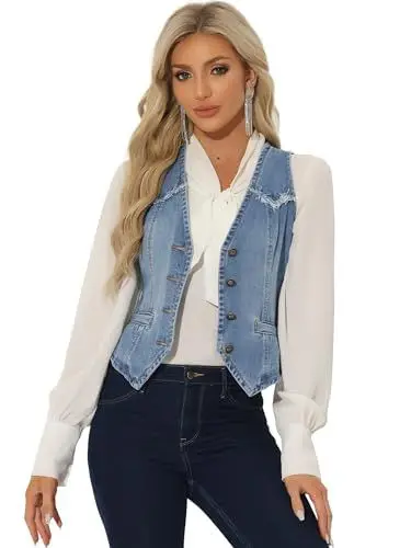 Produktbild: Allegra K Damen Jeansweste Ärmellos Verwaschene Distressed Kragenlose Gilet Denim Jacke Hell Blau L