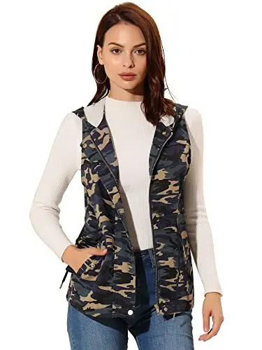 Produktbild: Allegra K Damen Kapuze mit Camo-Kordelzug und Taschen Cargo-Weste Blau M