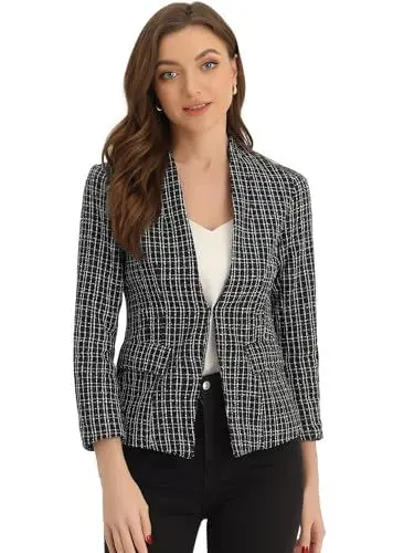 Produktbild: Allegra K Damen Karo Blazer Tweed Langarm Vorne Offen Elegant Jacken Schwarz L