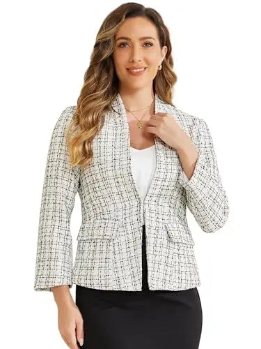 Produktbild: Allegra K Damen Karo Blazer Tweed Langarm Vorne Offen Elegant Jacken Weiß M