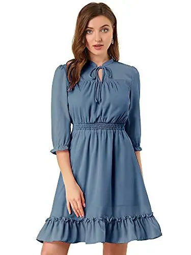 Produktbild: Allegra K Damen Kleid 3/4 Ärmel A-Line Rüschensaum Schleife Gesmoktes Chiffon Minikleid Blau Grau XL