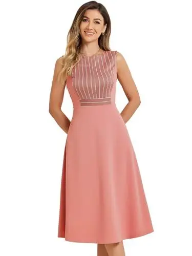 Produktbild: Allegra K Damen Kleid Ärmellos A-Linie Rundhalsausschnitt Gestreifte Etuikleid Midikleid Rosa XL