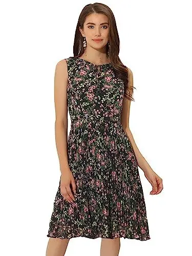Produktbild: Allegra K Damen Kleid Ärmellos Blumendruck Sommer A-Linie Knielang Plisseekleid Minikleid Schwarz M