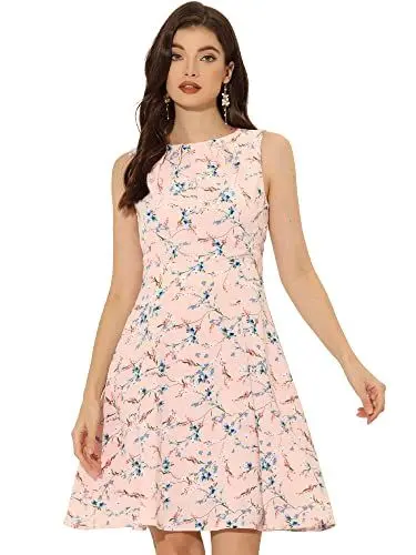 Produktbild: Allegra K Damen Kleid Ärmellos Elegant Hoher Hals Rundhals A-Linie Blumen Minikleid Rosa L