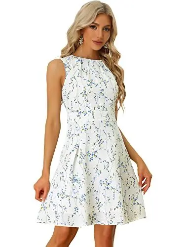 Produktbild: Allegra K Damen Kleid Ärmellos Elegant Hoher Hals Rundhals A-Linie Blumen Minikleid Weiß XL